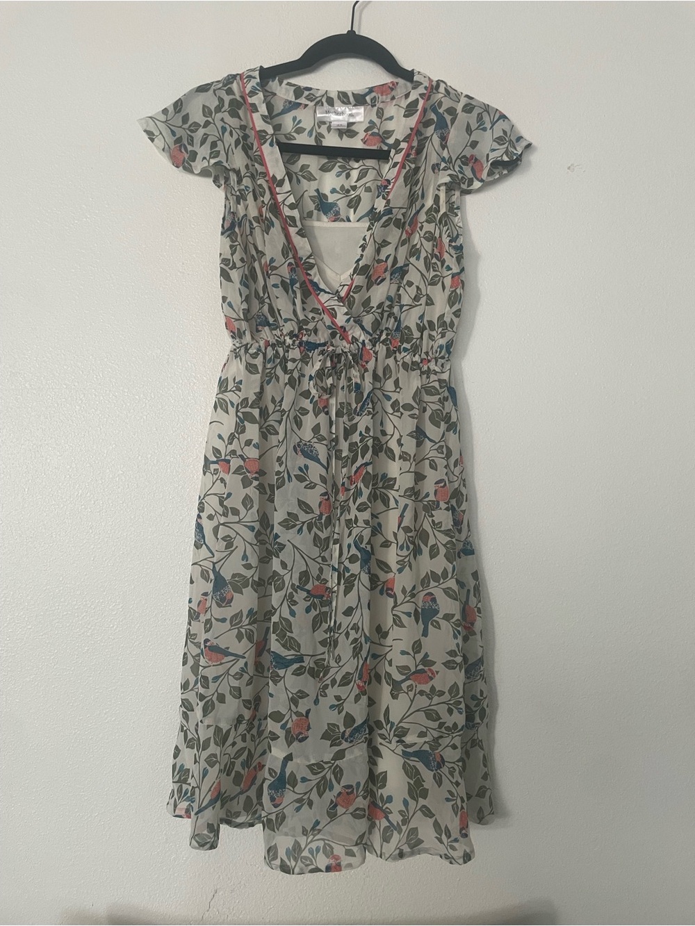 Motherhood Cream Floral & Bird Print Wrap Midi Dress with Pink Trim
